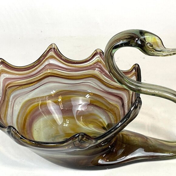 Murano VTG Sonner Swirl of colors Style Hand Blown Art Glass Swan Bowl Dish. - Picture 6 of 9